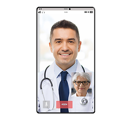 Image showing video chat of doctor and old patient on smartphone