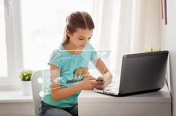 Image showing girl with cellphone studying nature online at home