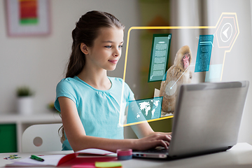 Image showing girl with laptop learning nature online at home