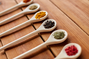 Image showing spoons with different spices on wooden table