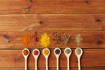 Image showing spoons with different spices on wooden table