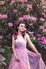 Image showing girl in dress in rhododendron garden