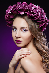 Image showing beautiful girl with purple makeup and flowers