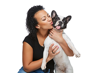 Image showing young woman with french bulldog dog