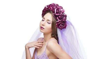 Image showing beautiful girl with purple makeup and flowers