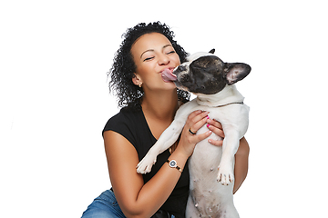 Image showing young woman with french bulldog dog