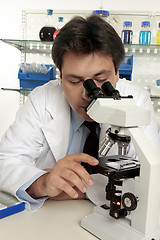 Image showing Scientist looking through microscope