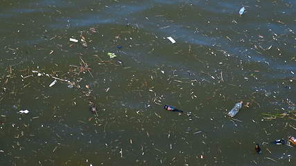 Image showing Plastic bags and bottles pollution in ocean washes up onto beach.