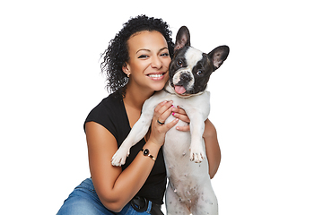 Image showing young woman with french bulldog dog