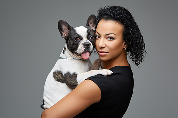 Image showing young woman with french bulldog dog