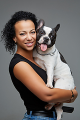 Image showing young woman with french bulldog dog