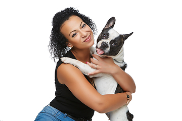 Image showing young woman with french bulldog dog