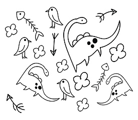 Image showing Childish doodle of dinosaurs flower and fish vector or color ill
