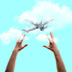 Image showing Contemporary art collage, modern design. Summer mood. Human hands catching big flying plane on blue sky