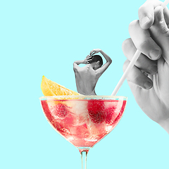 Image showing Contemporary art collage, modern design. Summer mood. Tender ballerina sitting on giant cocktail glass with berry drink