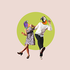 Image showing Contemporary art collage, modern design. Summer mood. Couple of dancers headed with birds heads dancing on bright