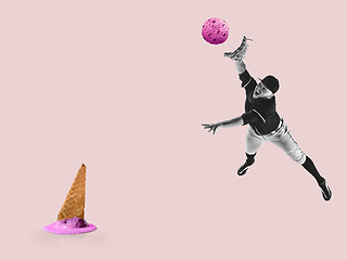 Image showing Contemporary art collage, modern design. Summer mood. Baseball pitcher with strawberry ice ball in flight, jump on pastel purple