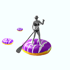 Image showing Contemporary art collage, modern design. Summer mood. Woman swimming on big purple donut like on kayak on white