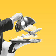 Image showing Contemporary art collage, modern design. Summer mood. Waiter serving air vacation with plane on yellow