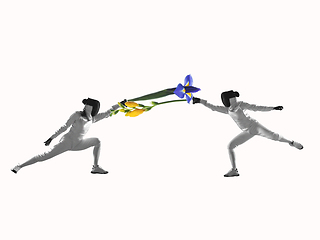 Image showing Contemporary art collage, modern design. Summer mood. Two fencing girls using flowers for fighting on white
