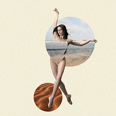 Image showing Contemporary art collage, modern design. Summer mood. Tender ballerina dancing on geometrical background with sea and sand