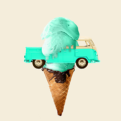 Image showing Contemporary art collage, modern design. Summer mood. Ice cream blue colored made of stylish mini car on yellow