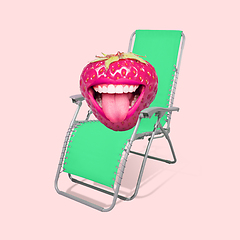 Image showing Contemporary art collage, modern design. Summer mood. Strawberry with big female mouth resting on beach on pink