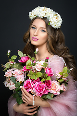 Image showing beautiful girl with pink makeup and flowers