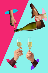 Image showing Contemporary art collage, modern design. Party mood. Hands pouring champagne in glasses on multicolored background