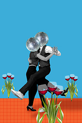 Image showing Contemporary art collage, modern design. Party mood. Couple with disco heads dancing among red wine glasses flowers