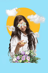 Image showing Contemporary art collage, modern design. Party mood. Woman giving champagne, alcohol cocktail, surrounded with flowers and clouds