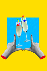 Image showing Contemporary art collage, modern design. Party mood. Female hands framing two champagne glasses with bright bubbles