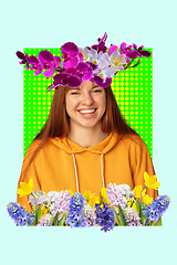 Image showing Contemporary art collage, modern design. Party mood. Laughting woman with frame of flowers on bright green and blue background