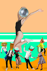 Image showing Contemporary art collage, modern design. Party mood. Giant woman dancing, headed by disco ball, surrounded with people, headed by alcohol and snacks