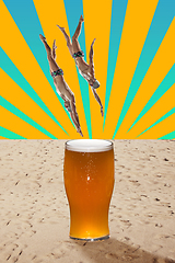 Image showing Contemporary art collage, modern design. Party mood. Swimmer jumping from the sky to gian lager beer glass at the sand beach