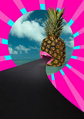 Image showing Contemporary art collage, modern design. Party mood. Giant pineapple calling to have resort on ocean, sea beach