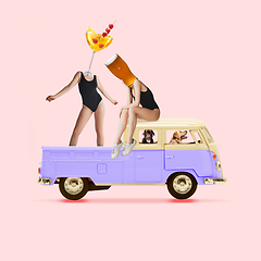 Image showing Contemporary art collage, modern design. Party mood. Women headed by cocktail and beer glasses riding on car