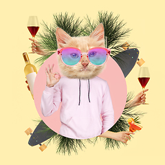 Image showing Contemporary art collage, modern design. Party mood. Man in pink outfit headed by stylish cat surrounded with cocktail glasses
