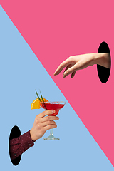 Image showing Contemporary art collage, modern design. Party mood. Bright colored hand giving tasty cocktail