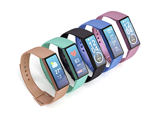 Image showing Five colorful fitness trackers
