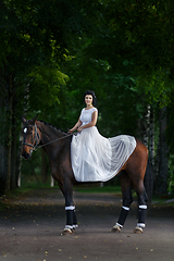 Image showing beautiful girl in dress sitting on horse