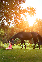 Image showing beautiful girl in dress with horse