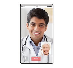 Image showing video chat of doctor and old patient on smartphone
