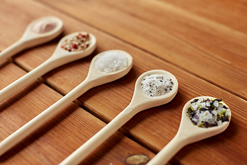 Image showing spoons with salt and spices on wooden table