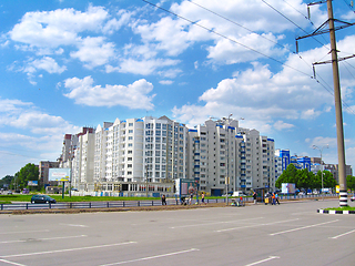 Image showing view of multistory modern blocks of flat and town road