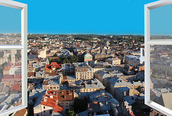 Image showing modern window with view of Lviv from above