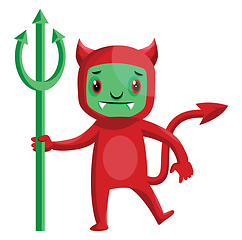 Image showing Cartoon red devil with green face and trident vector illustratio