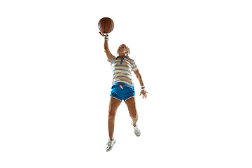 Image showing Senior woman playing basketball in sportwear on white background