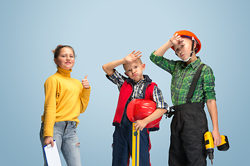 Image showing Kids dreaming about future profession of engineer