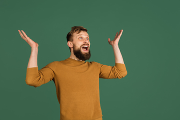 Image showing Caucasian man\'s portrait isolated over green studio background with copyspace